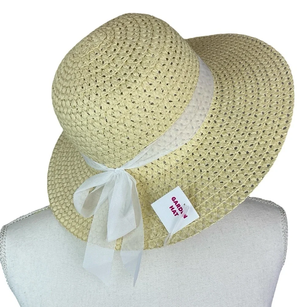 Straw Sun Garden Beach Hat Floppy Wide Brim White Ribbon Neutral Yellow Women OS - Picture 2 of 16